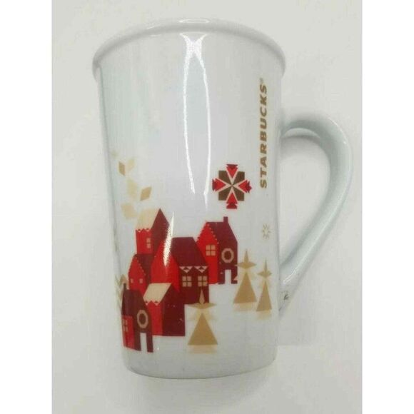 Starbucks Coffee Mug Cup Christmas Holiday 12oz Red Gold House Scene Xmas Winter - Picture 2 of 6
